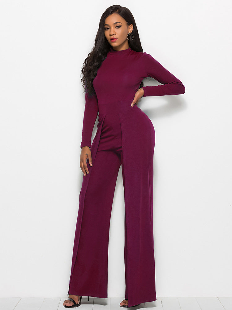 Long Sleeve Mock Neck Wide Leg Jumpsuit