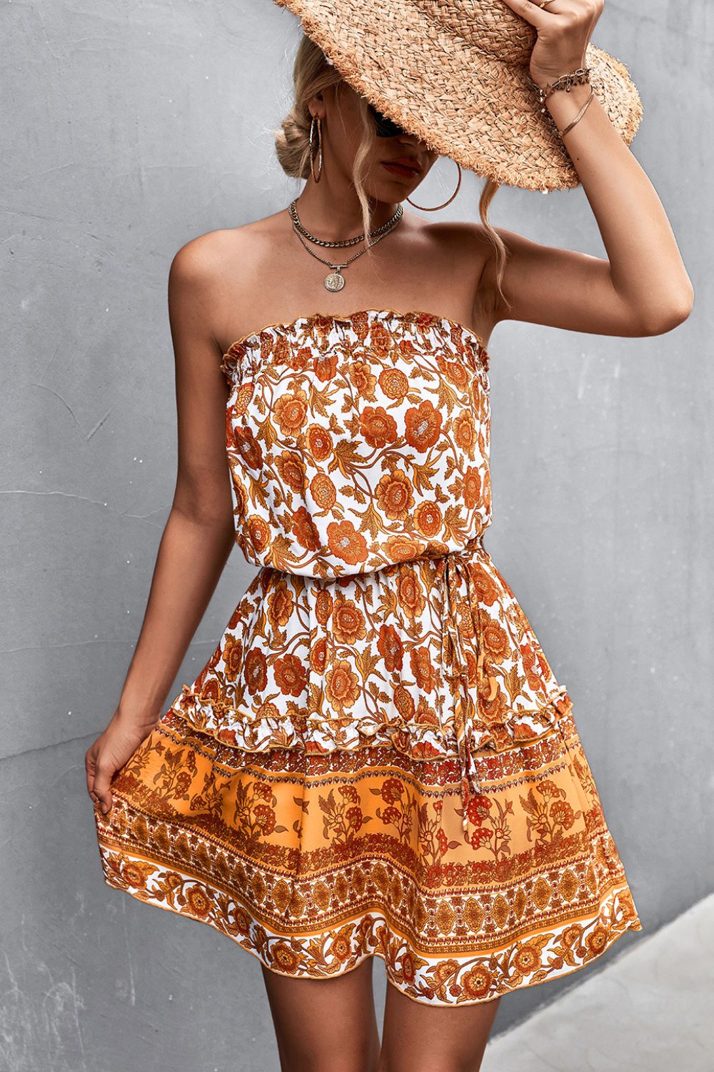 Bohemian Frill Trim Strapless Dress