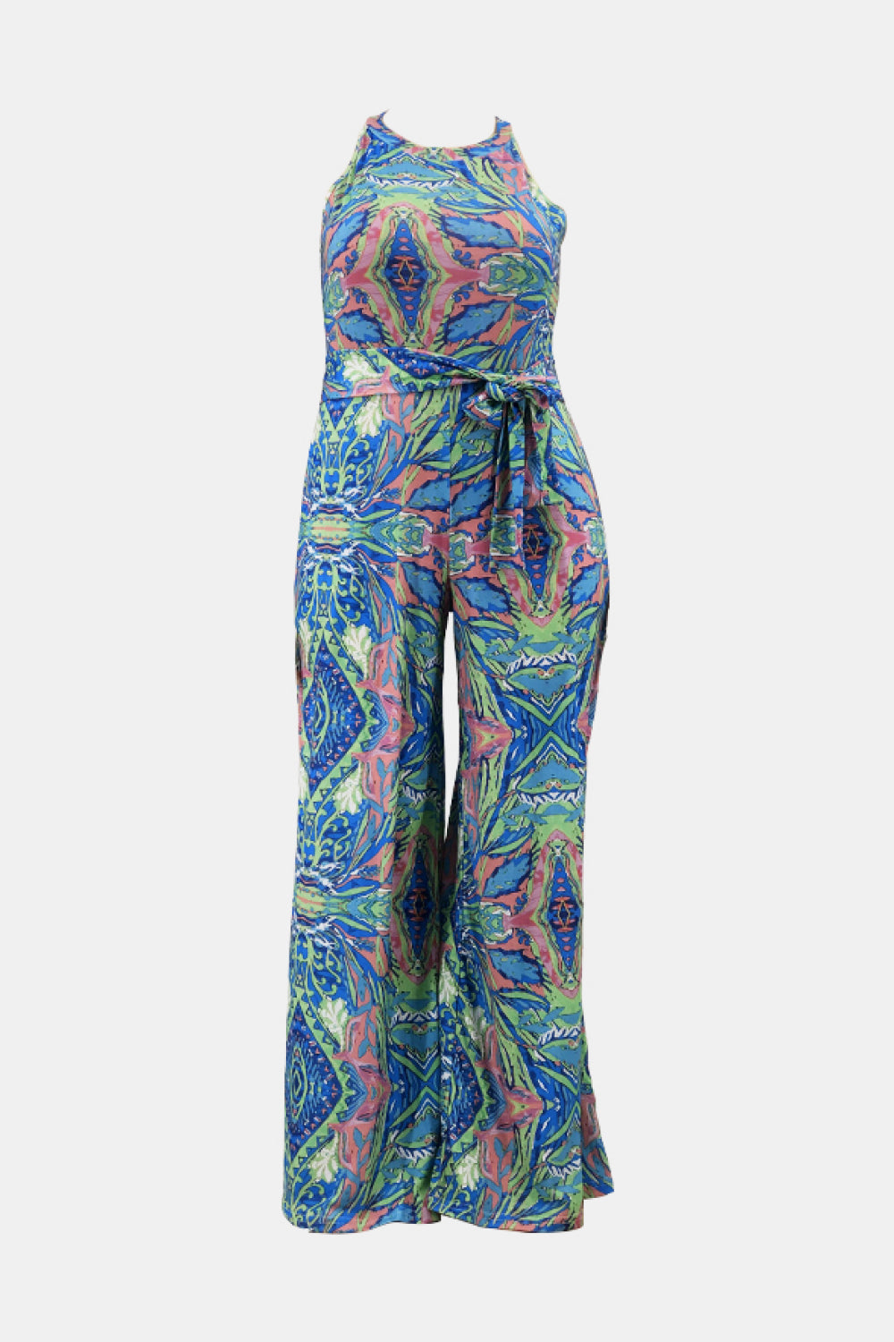 Plus Size Printed Tie Waist Jumpsuit with Pockets