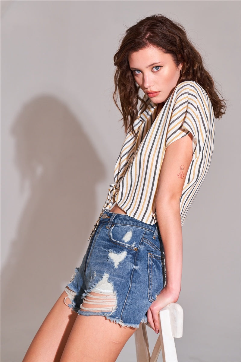 Ripped Denim High-waist Front Zip-up Raw Hem Detail Distressed Mini Shorts