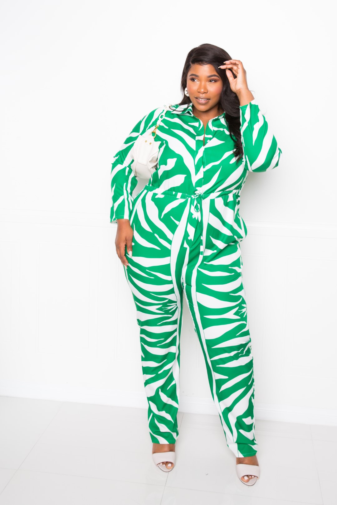 Button Up Long Sleeve  Jumpsuit Plus Size