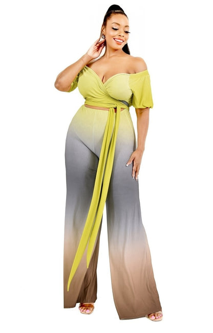 Plus Size Gradient Off Shoulder Waist Tie Jumpsuit