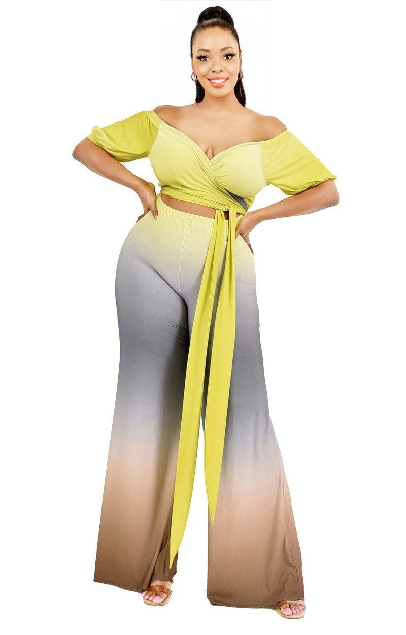 Plus Size Gradient Off Shoulder Waist Tie Jumpsuit