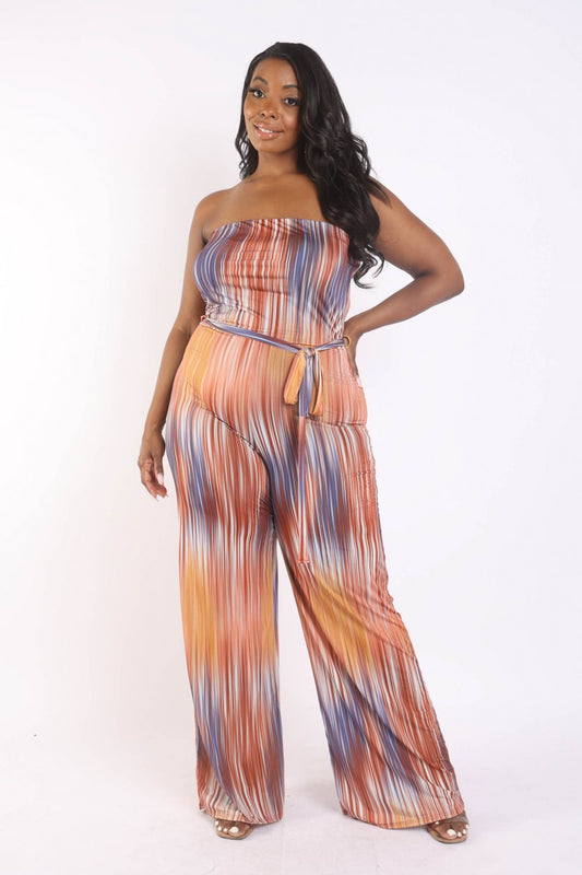 Printed Tube Jumpsuit With Self Belt Plus Size