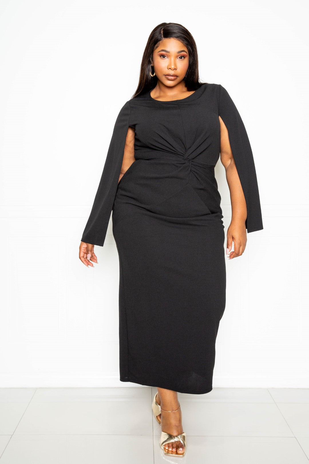 Plus Size Cape Sleeve Dress With Knot Detail