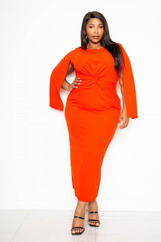 Plus Size Cape Sleeve Dress With Knot Detail