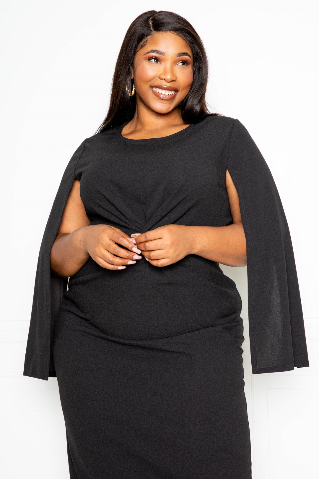 Plus Size Cape Sleeve Dress With Knot Detail