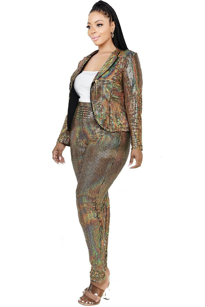 Plus Size Disco Metallic Sequins 2 Piece Jacket Set