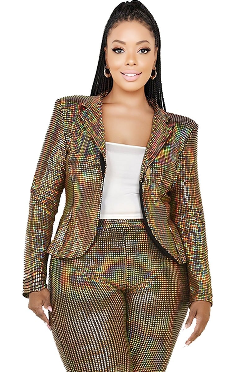 Plus Size Disco Metallic Sequins 2 Piece Jacket Set