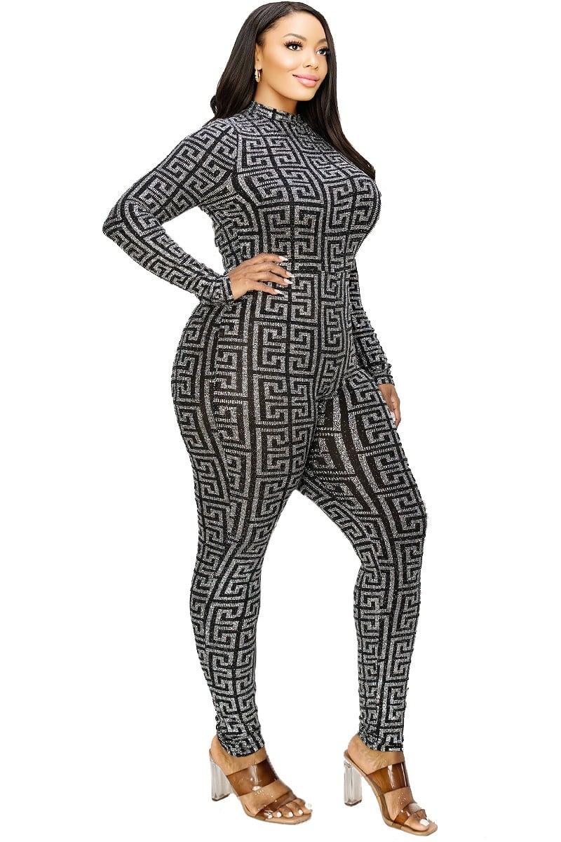 Plus Size Geo Pattern Glitter Printed Jumpsuit