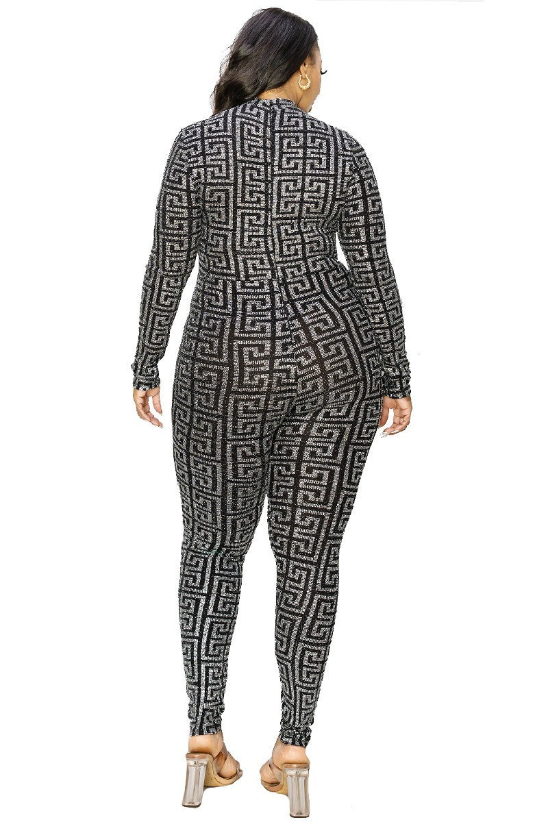 Plus Size Geo Pattern Glitter Printed Jumpsuit