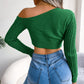 Mixed Knit One-Shoulder Cropped Sweater