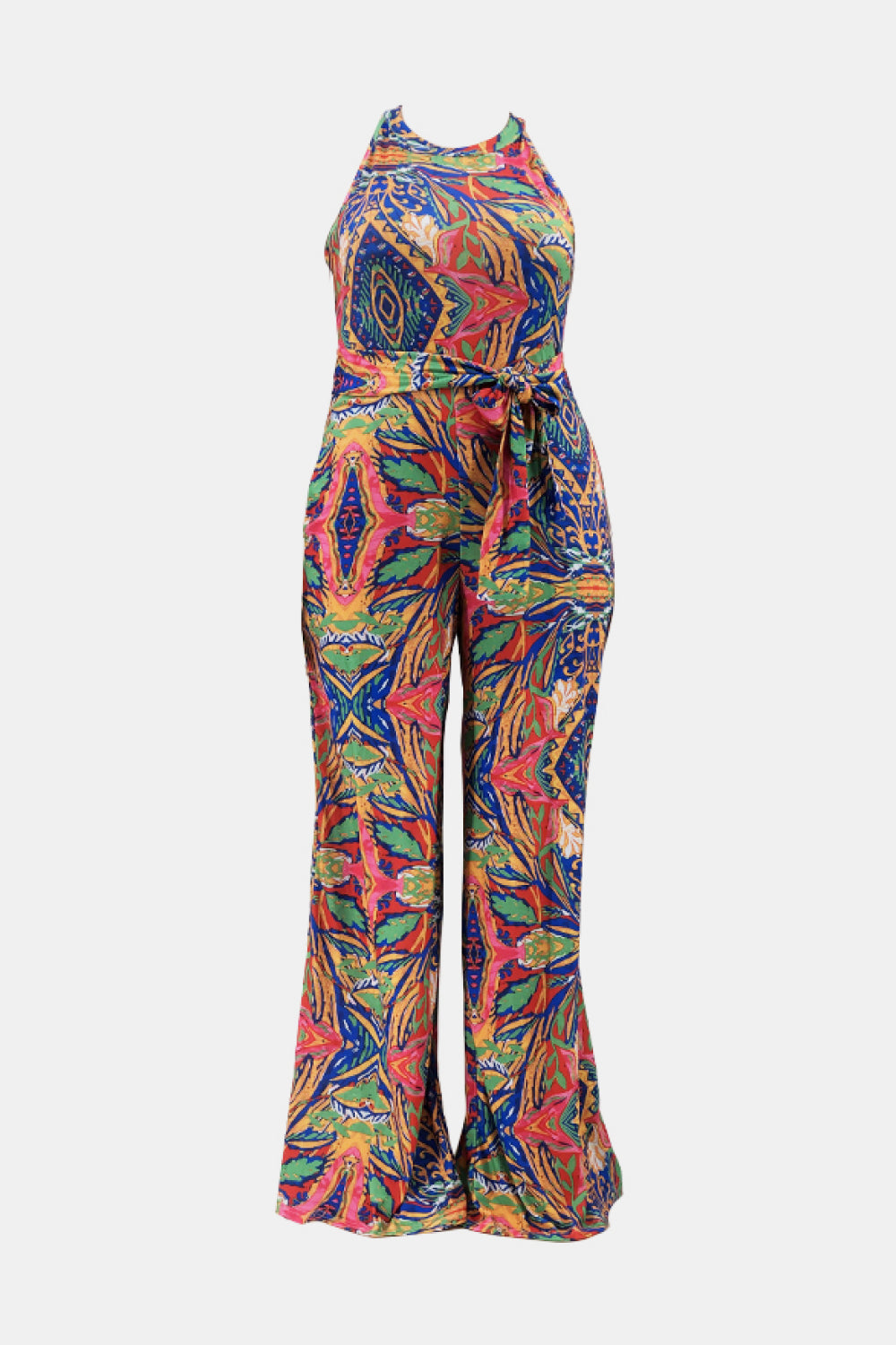 Plus Size Printed Tie Waist Jumpsuit with Pockets