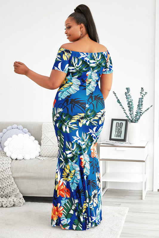 Plus Size Floral Off-Shoulder Short Sleeve Fishtail Dress