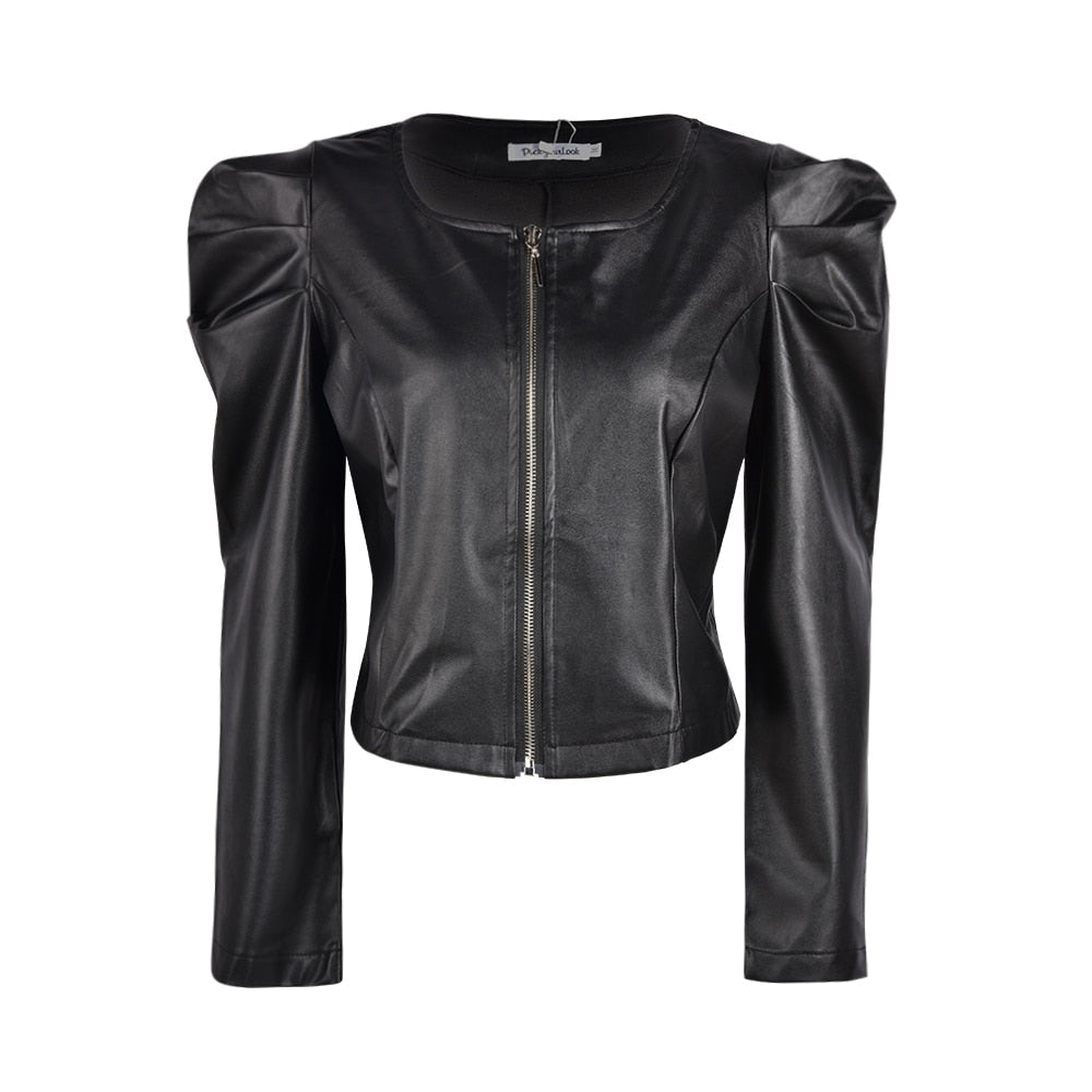 Black Faux Leather Jacket With Zipper Outerwear - runs small size up