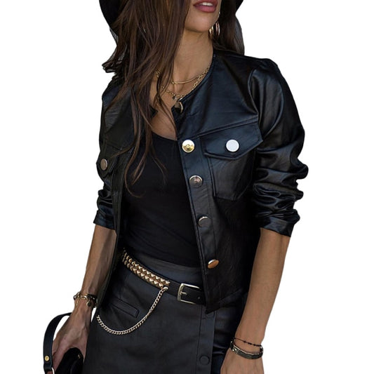 Black Faux Leather Jacket With Zipper Outerwear - runs small size up