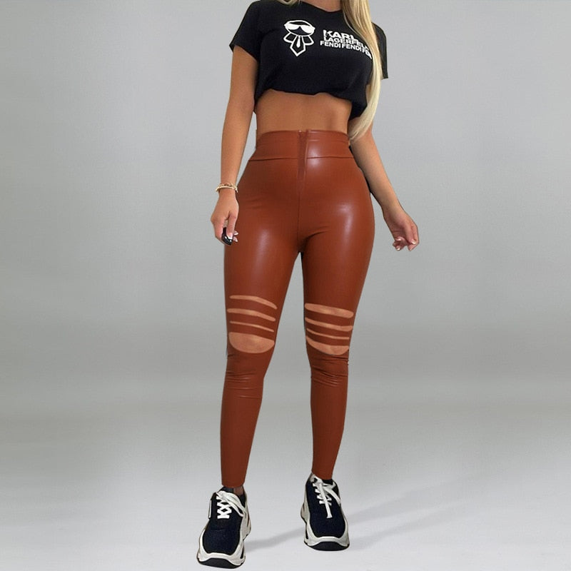 Faux Leather Pant Fashion Hole Skinny Bodycon Leggings High Waisted Zipper - runs small size up